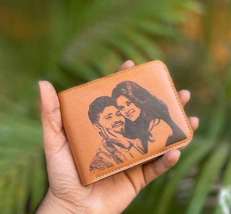 Personalized photo-engraved leather wallet crafted by SV Gifts & Photo Lab
