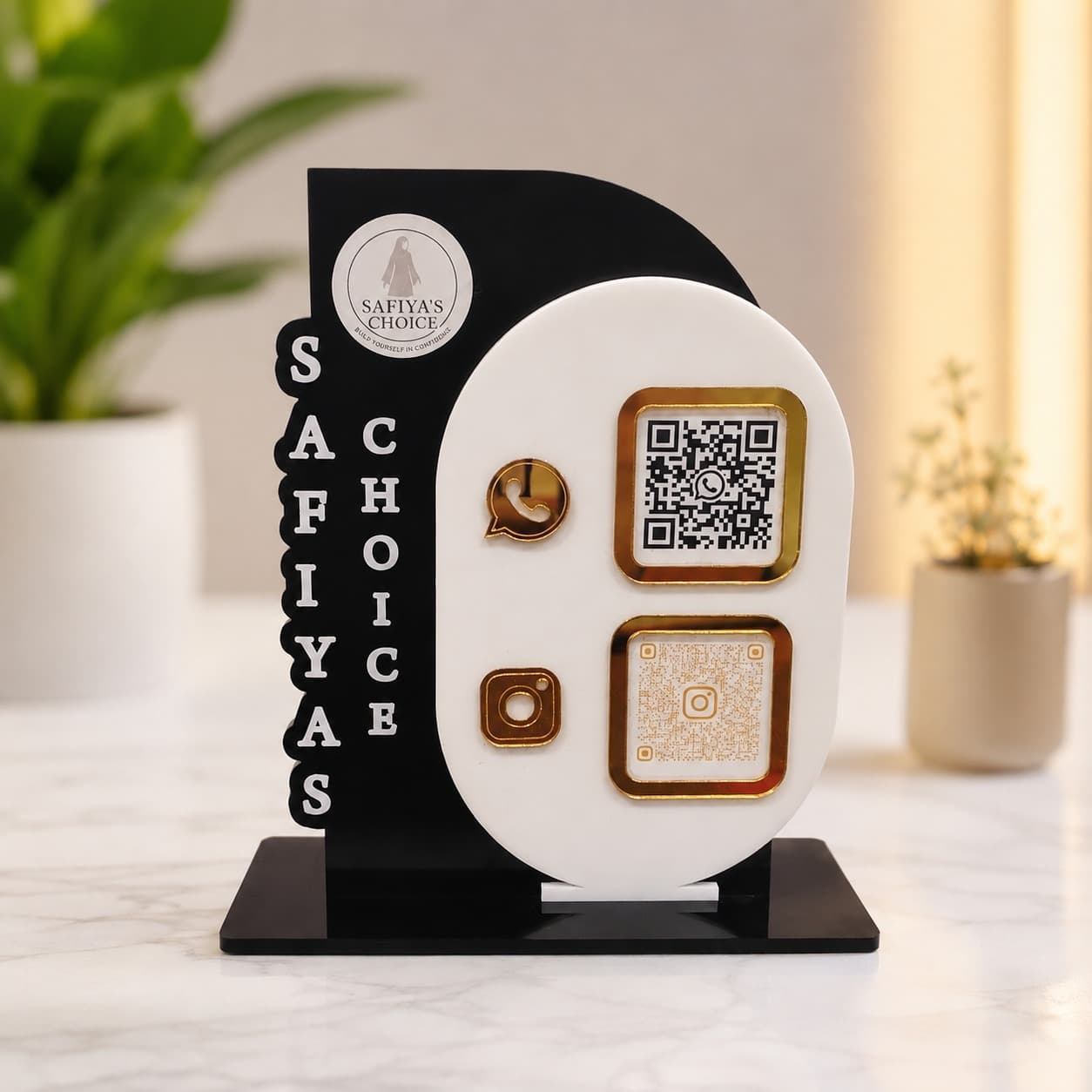 Laser-cut acrylic QR code display stand for a boutique, by SV Gifts & Photo Lab