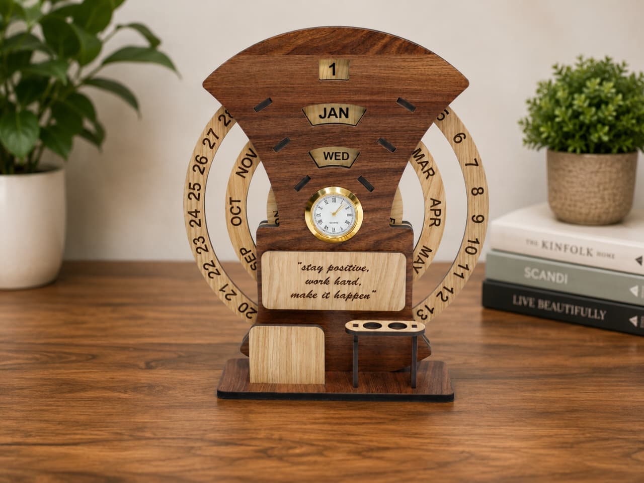 Laser-cut wooden perpetual calendar with clock, by SV Gifts & Photo Lab