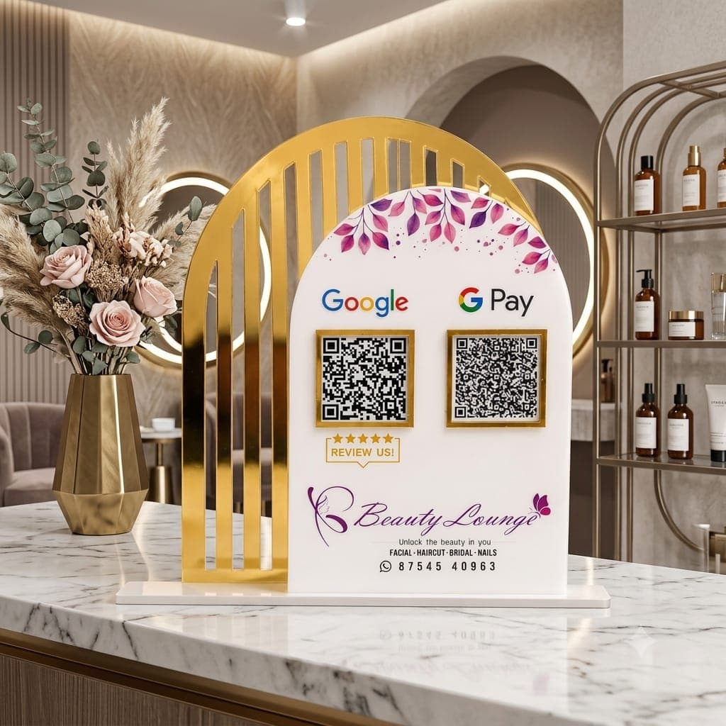 Laser-cut acrylic QR code display stand for a salon, by SV Gifts & Photo Lab