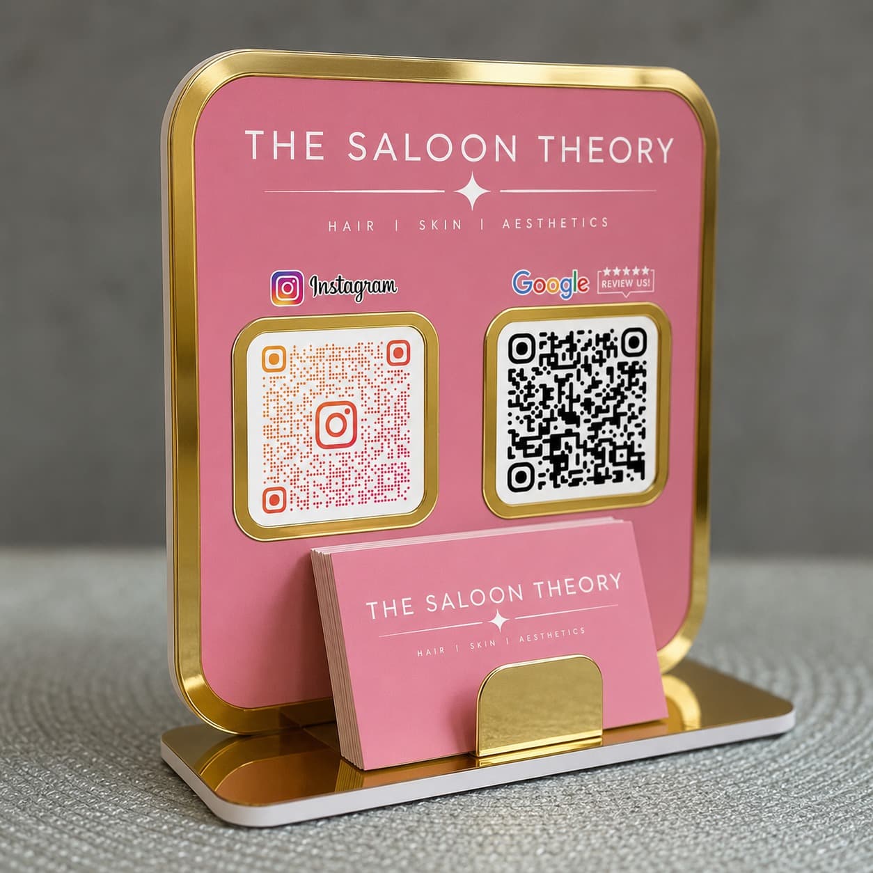 Laser-cut acrylic QR code display stand with business card holder, by SV Gifts & Photo Lab