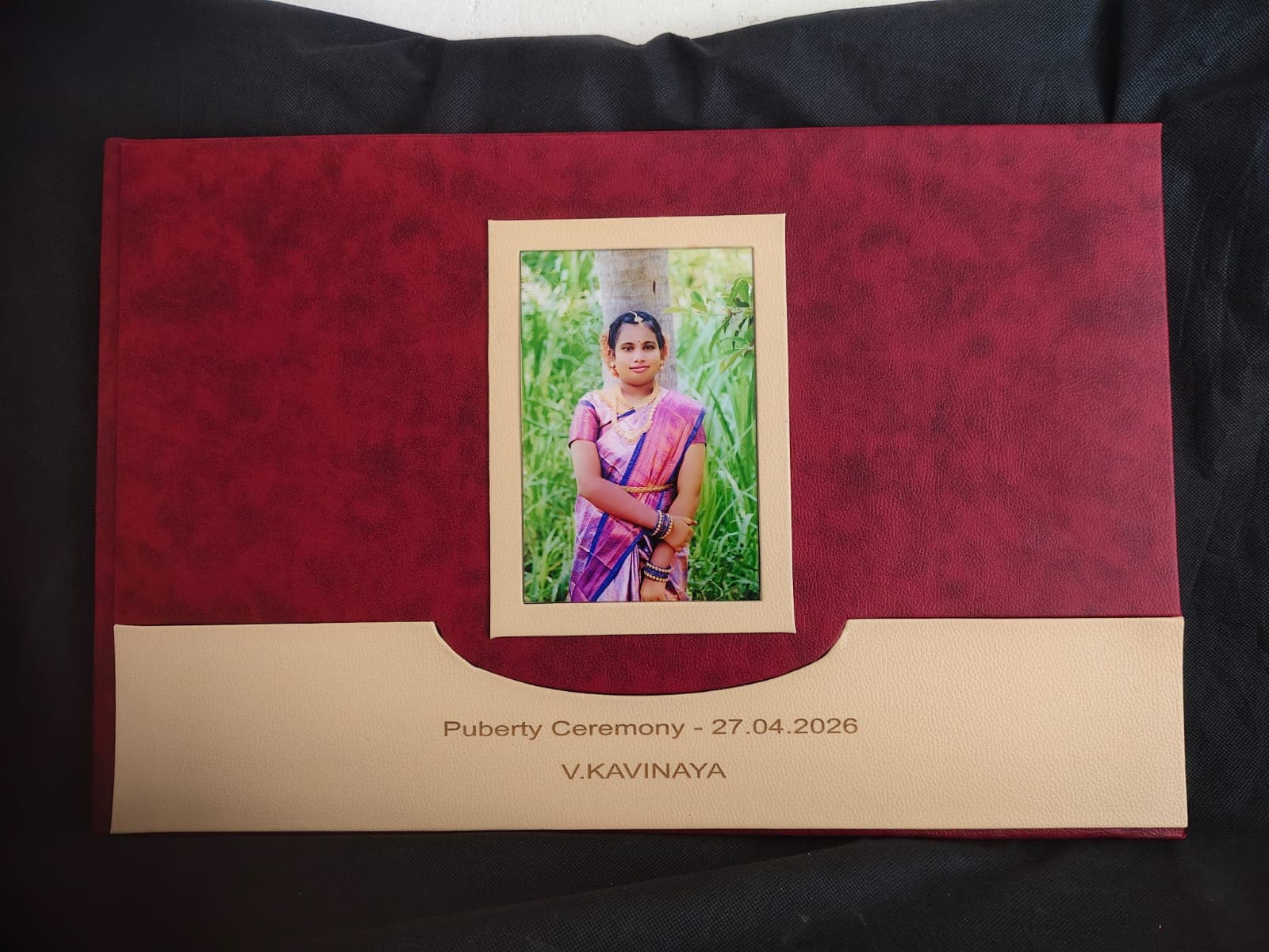 Puberty ceremony portrait album crafted by SV Gifts & Photo Lab