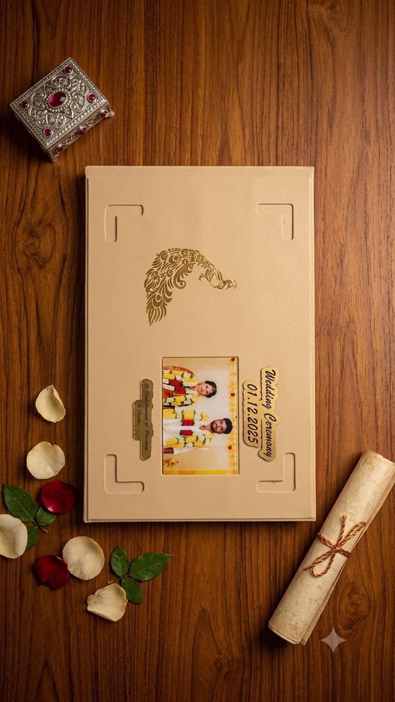 Leather-bound wedding album with couple portrait, crafted by SV Gifts & Photo Lab